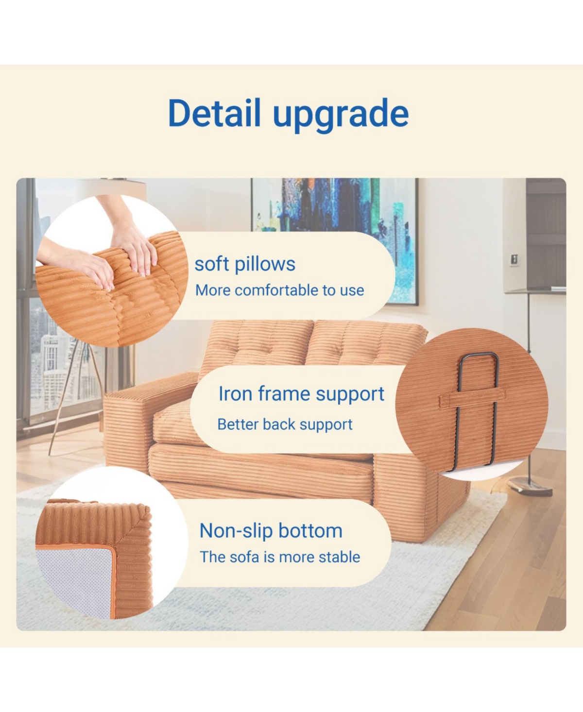 Streamdale Furniture Orange Corduroy Loveseat Sofa Bed with Memory Foam - No Assembly, Convertible (Orange)