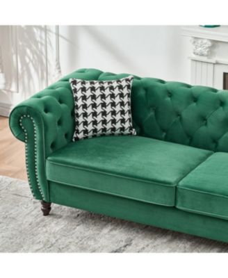 Chesterfield Velvet Sofa with Roll Armrest & Nailhead, Green