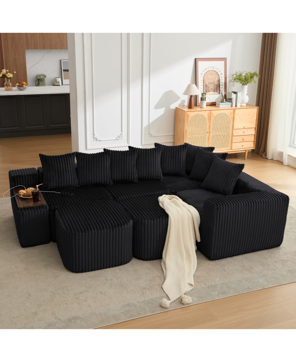 Streamdale Furniture 137.5" U-Shaped Sofa, Usb/Wireless Charge, Cup Holder Table, Movable, 6 Seats, Black