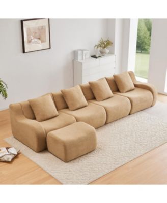 L-Shaped 4-Seat Boneless Sofa, Teddy Fabric, No Assembly, Camel