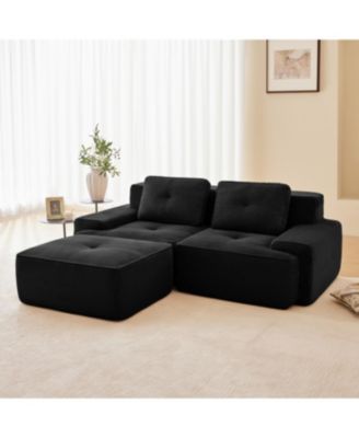Streamdale Modern L-Shaped Corduroy Sectional Sofa with Ottoman, Black