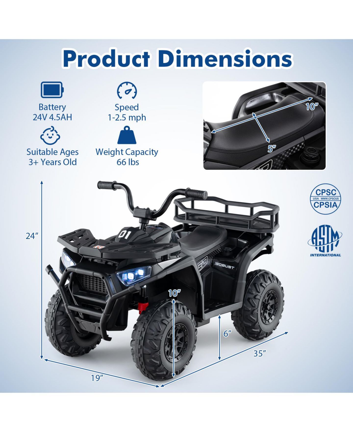 Детская игрушка HONGGE 24V Electric Ride-On Atv Quad with LED Lights, Ages 3+, цвет: Чёрный — фото 2