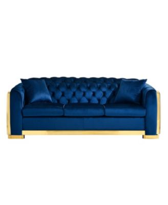 Streamdale Luxury Velvet Chesterfield Sofa Set, Tufted 3 Seat Couch with Gold Stainless, Navy Blue
