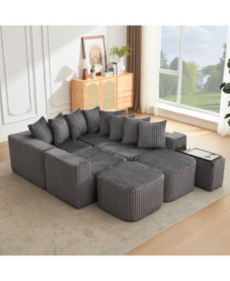 Streamdale  U-Shaped Sofa, USB/Wireless Charge, Cup Holder, Movable, Gray Corduroy