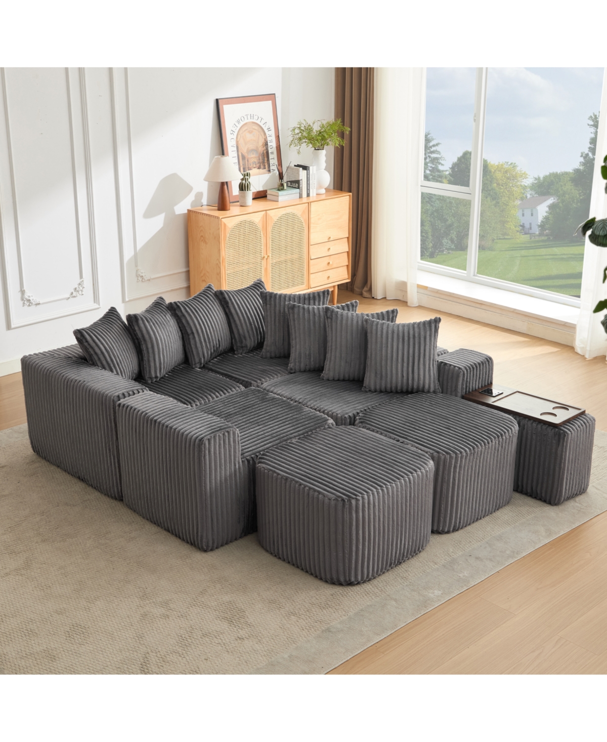 Streamdale Furniture Streamdale U-Shaped Sofa, Usb/Wireless Charge, Cup Holder, Movable, Gray Corduroy