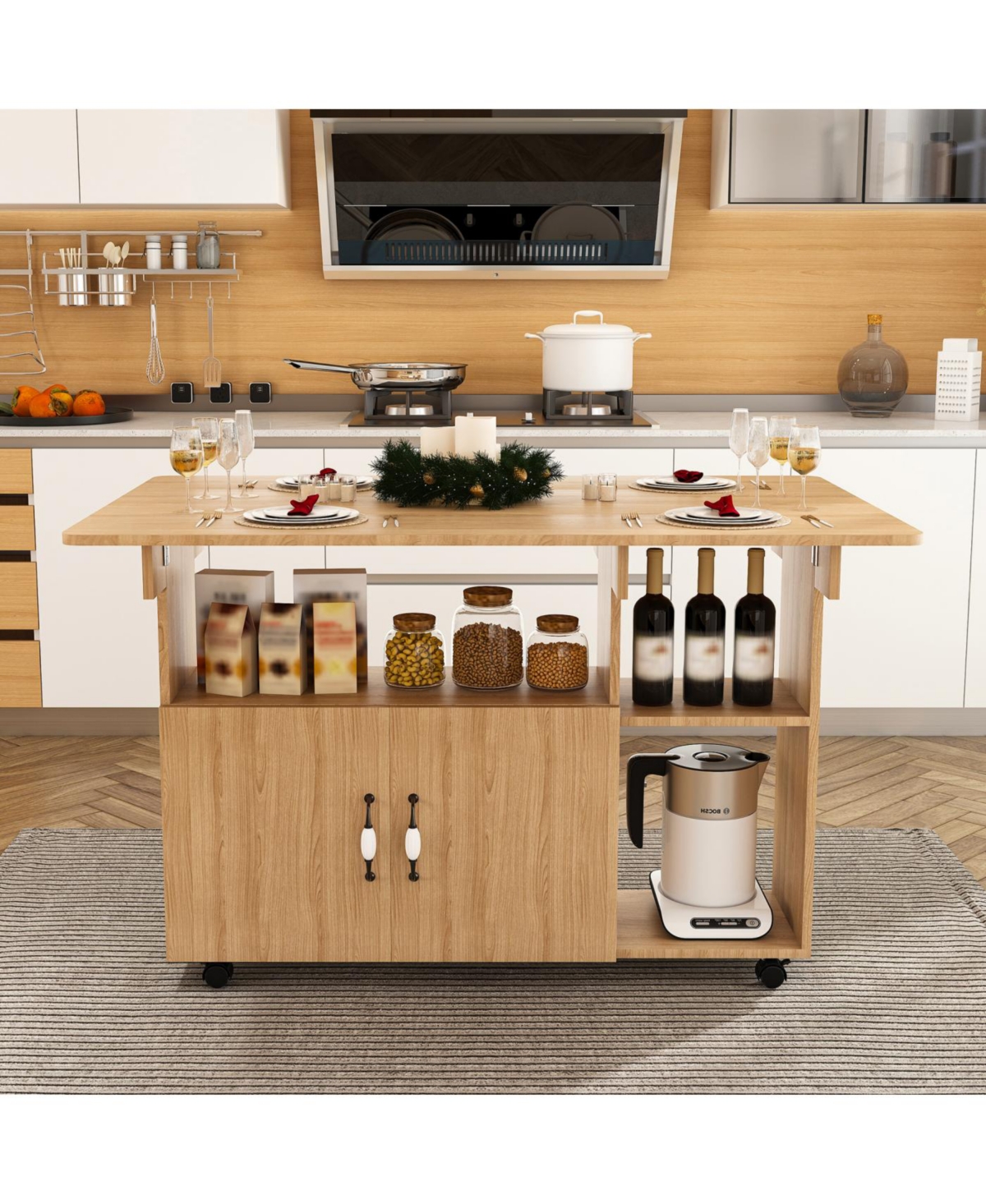 Streamdale Multi-Functional Folding Table with Storage Shelves and Wheels