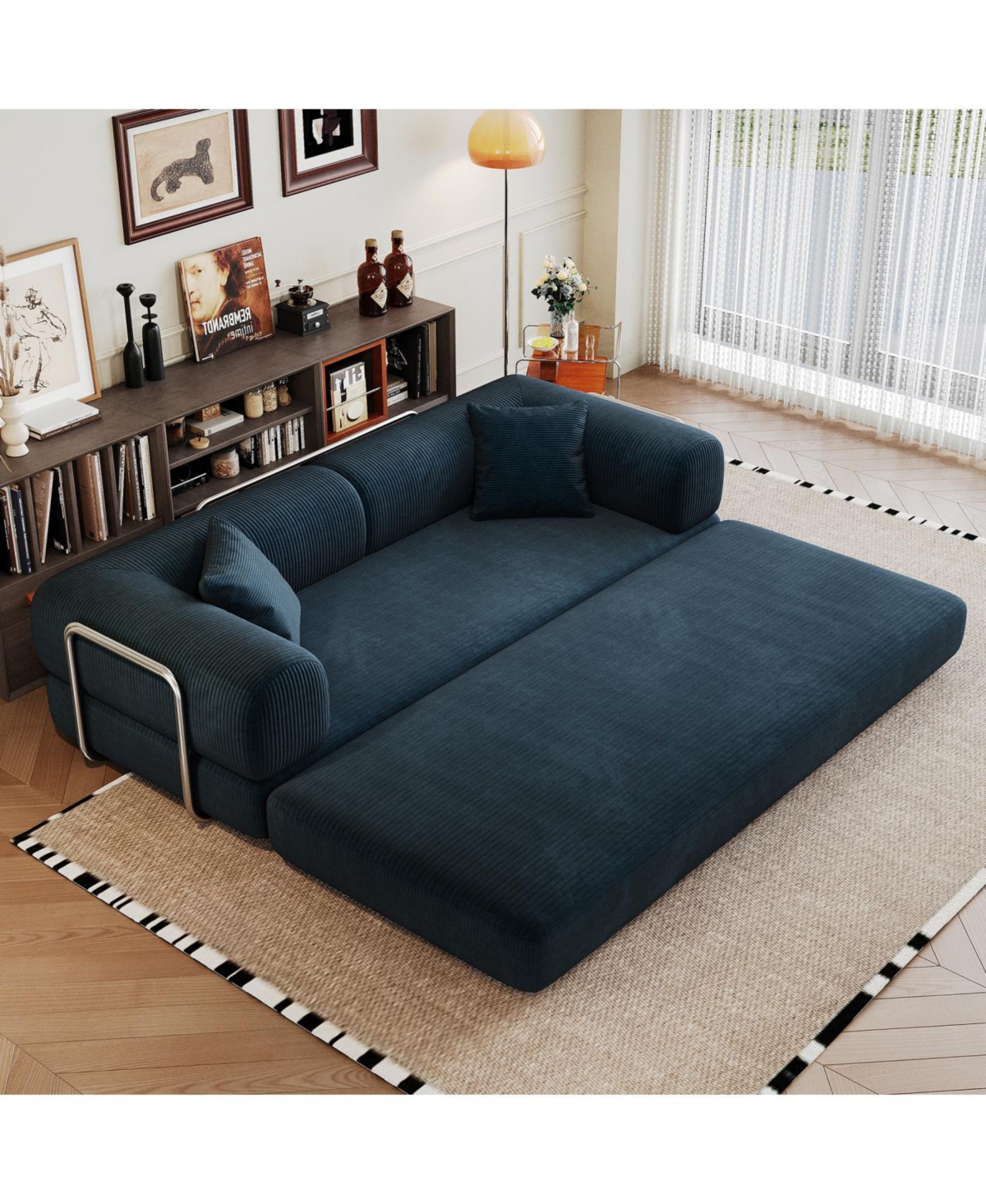 Streamdale Furniture 78.8" Corduroy Compression Sofa Bed with Pillow, Blue