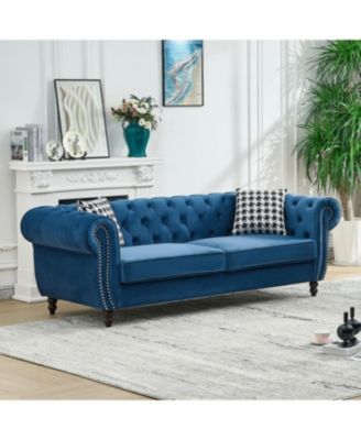 Streamdale Blue  Chesterfield Velvet Sofa with Roll Armrest & Nailhead