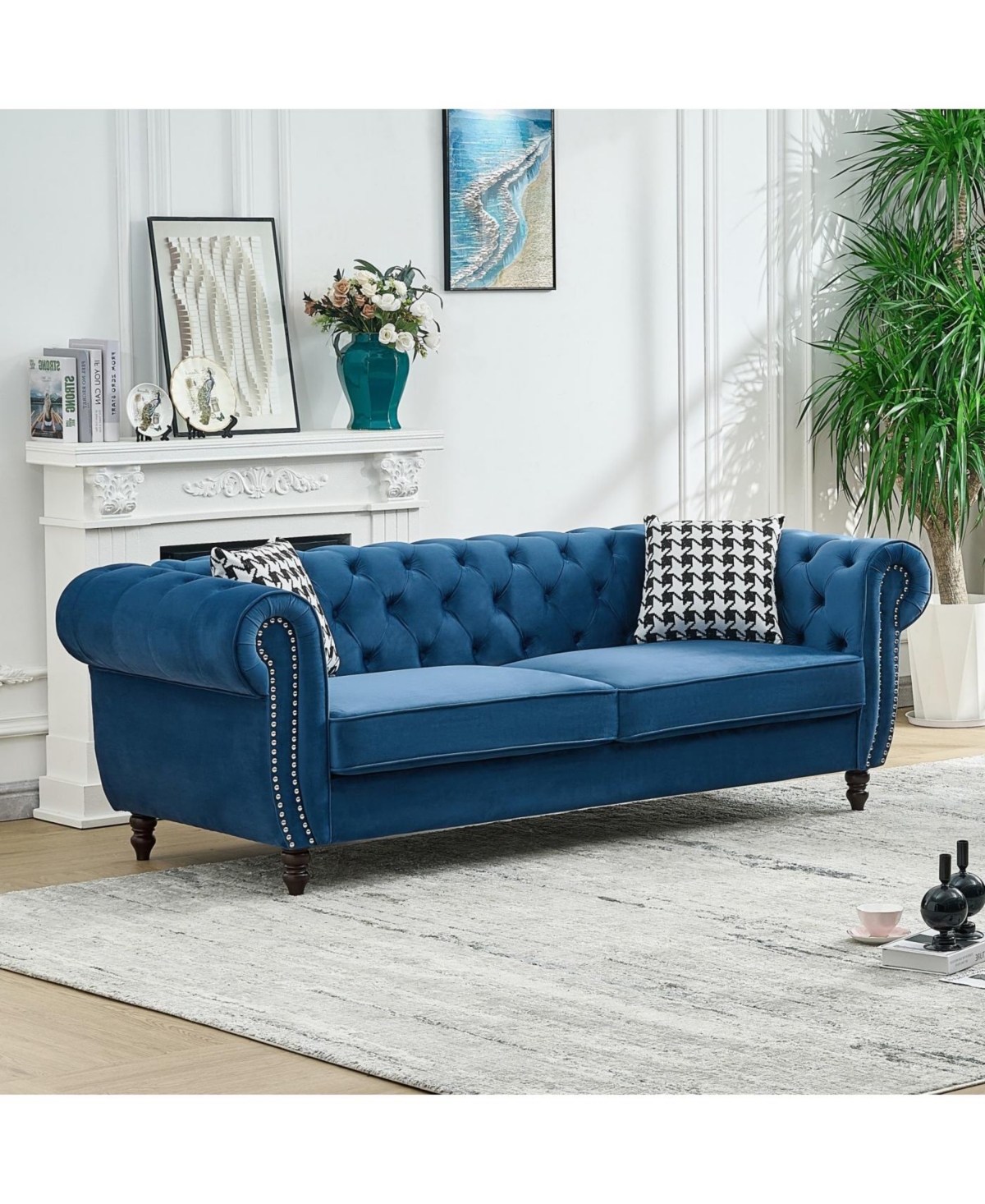 Streamdale Furniture Streamdale Blue Chesterfield Velvet Sofa with Roll Armrest & Nailhead