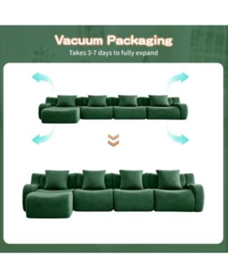 L-Shaped 4-Seat Boneless Sofa, Teddy Fabric, No Assembly, Curved Armrest, Green