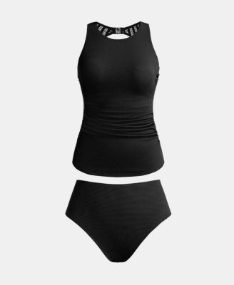 Women's High Neck Back Hook Mesh Cutout Tankini Sets