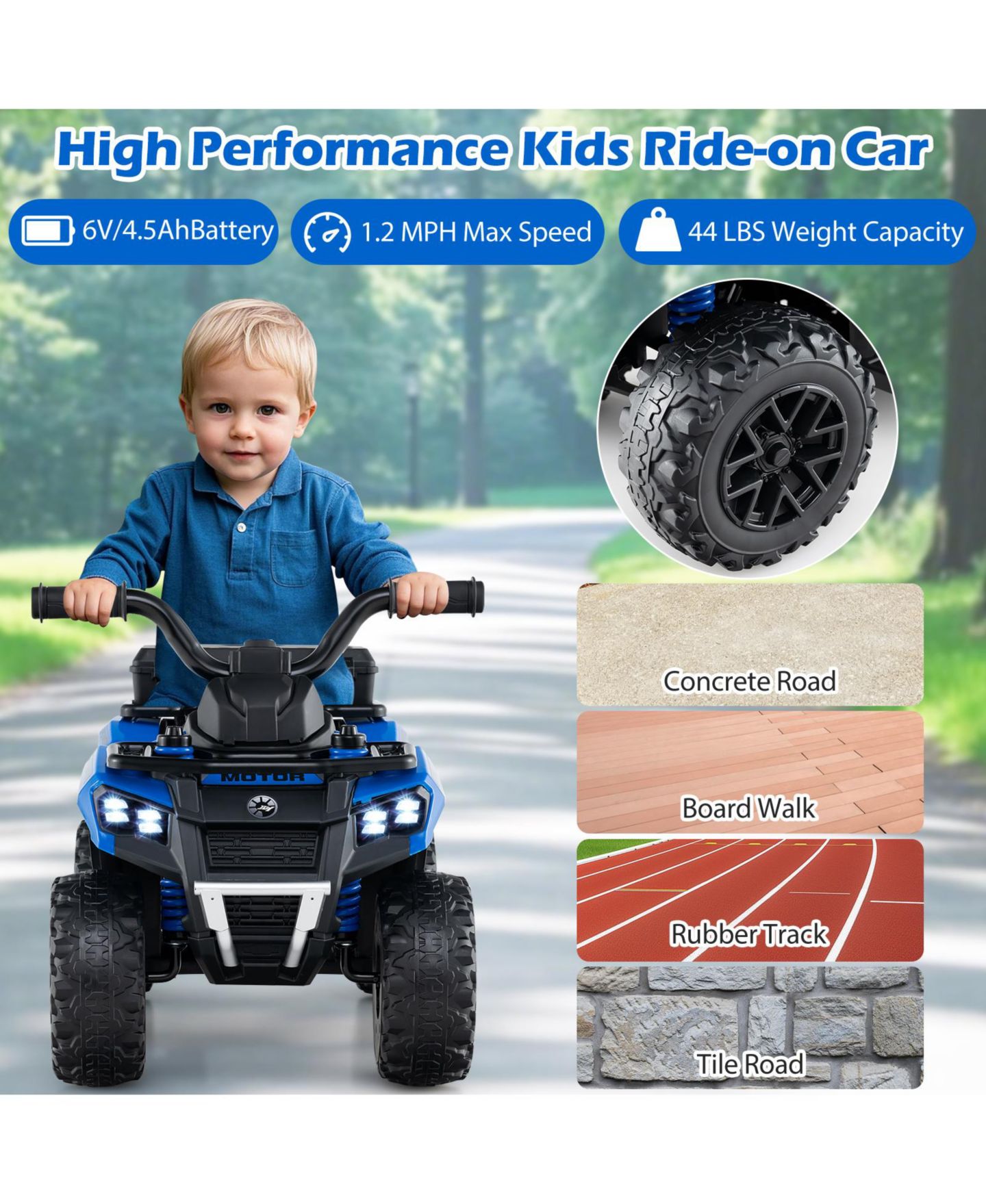 Детская игрушка HONGGE 6V Kids Ride-On ATV with Spray Function and Music, Ages 3+, цвет: Синий — фото 5