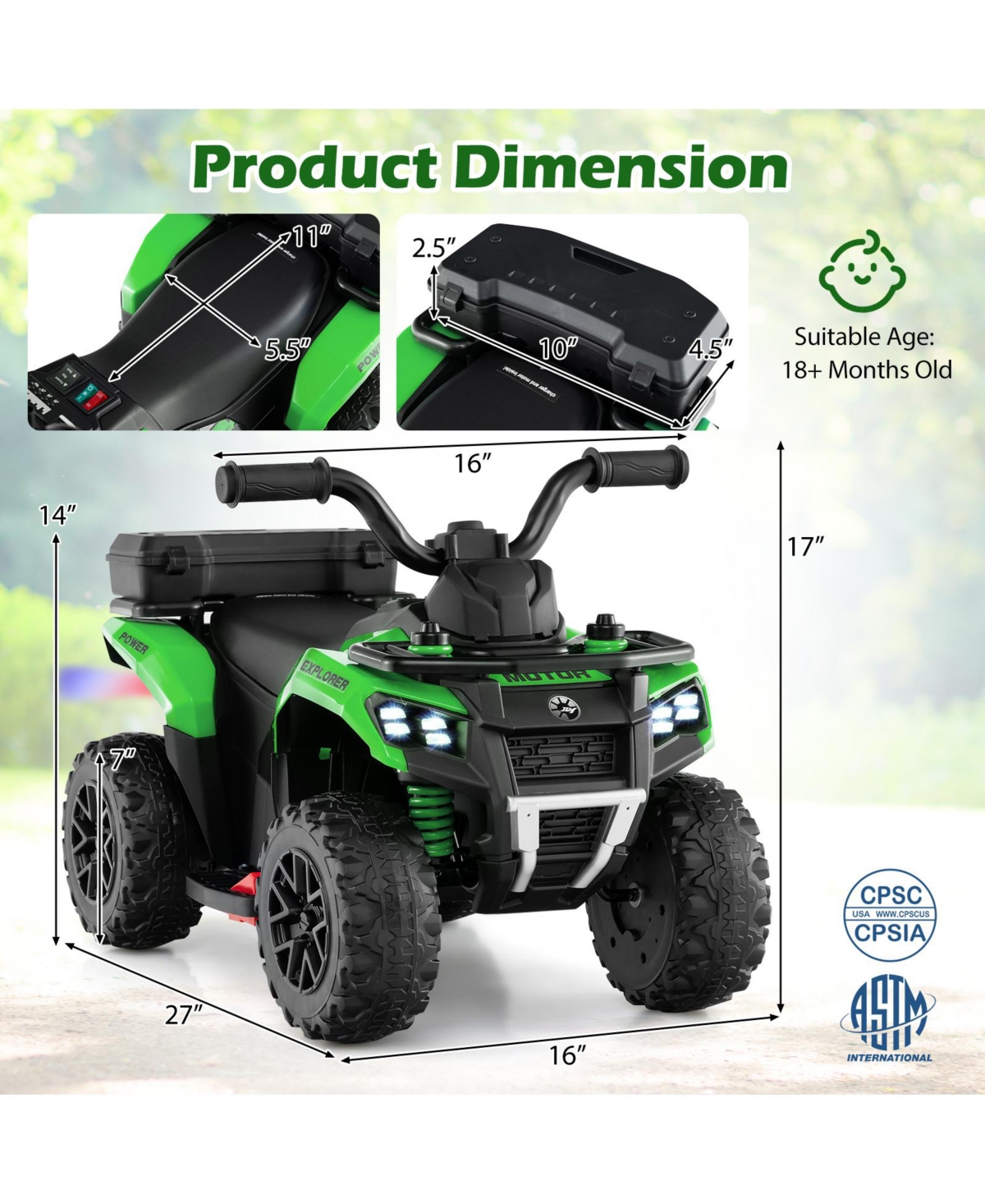 Hongge 6V Kids Ride-On Atv with Spray Function, Music, and Rear Storage Box