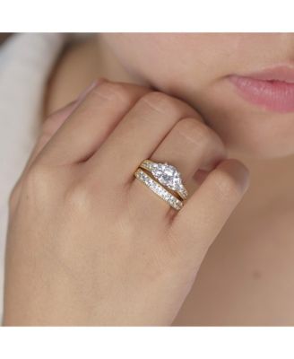 3CT Round Solitaire Side Stones Pave CZ Cubic Zirconia Promise Band Ring Set Gold Plated Silver