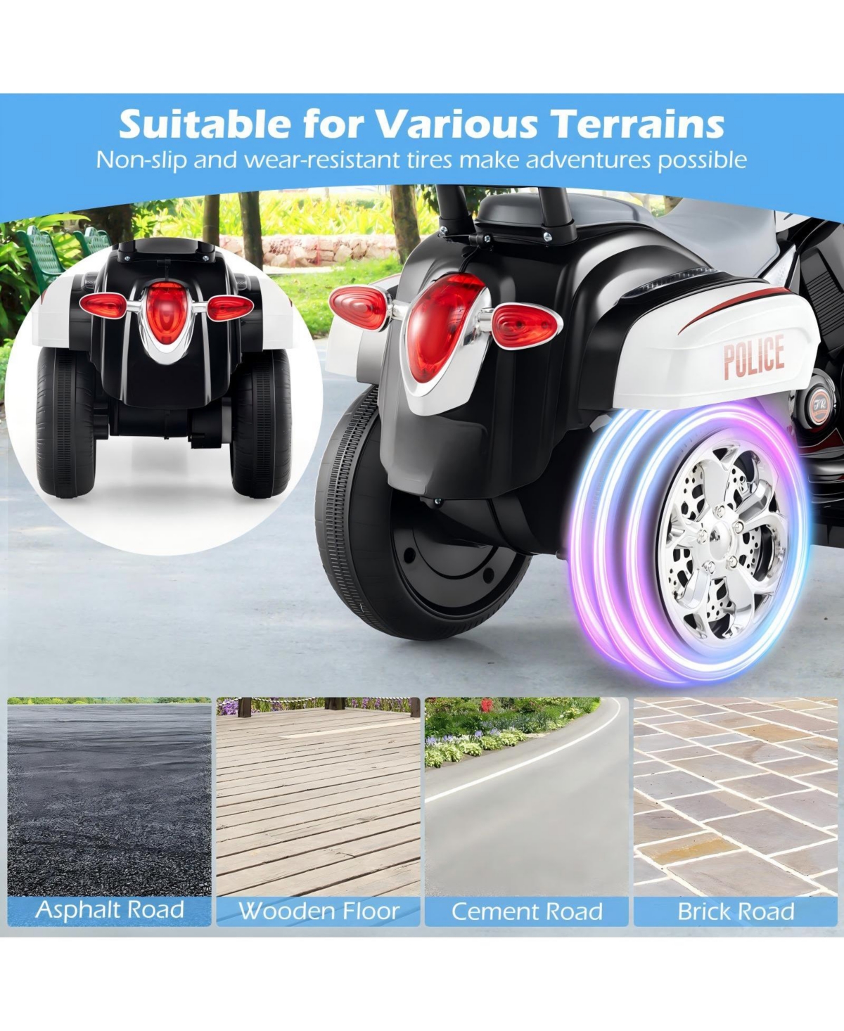 Hongge 6V Toddler 3-Wheel Motorbike Ride-On Toy with Headlight and Horn - Black&White