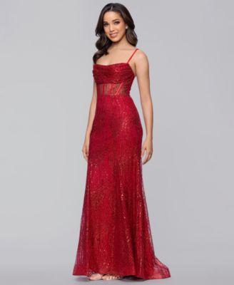 Juniors' Long Glitter Draped Illusion Bodice Gown 