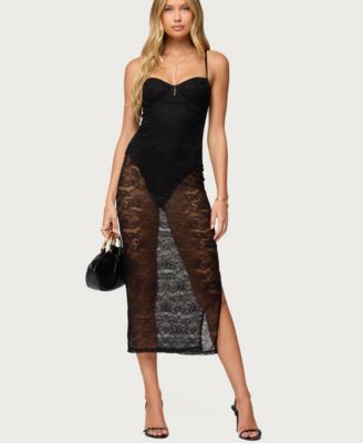 Women's Sheer Lace Built In Bodysuit Midi Dress