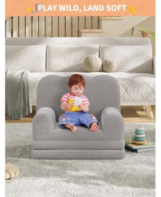 Kids Couch, 2-in-1 Convertible Teddy Fleece Fabric Toddler Sofa Chair, Soft Fold Out Couch Lounger for Kids