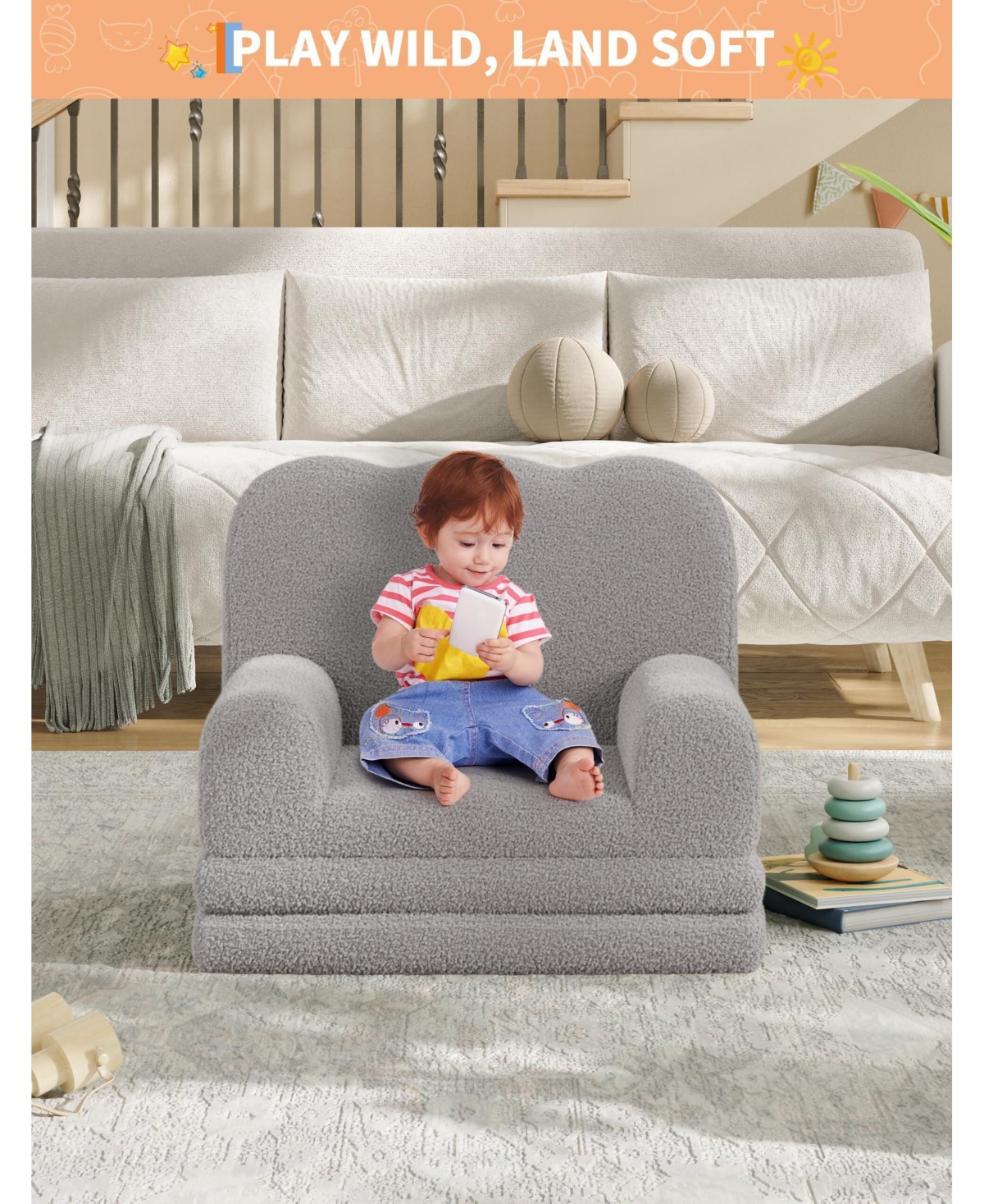 gaomon Kids Couch, 2-in-1 Convertible Teddy Fleece Fabric Toddler Sofa Chair, Soft Fold Out Couch Lounger for