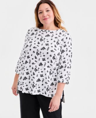 Plus Size Printed Boat-Neck Cotton Lace-Up-Sleeve Tunic