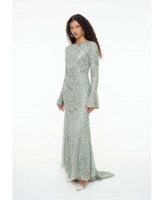 Women's Modest Embellished Sequin Beaded Dress Maxi With Ribbon on Sleeves
