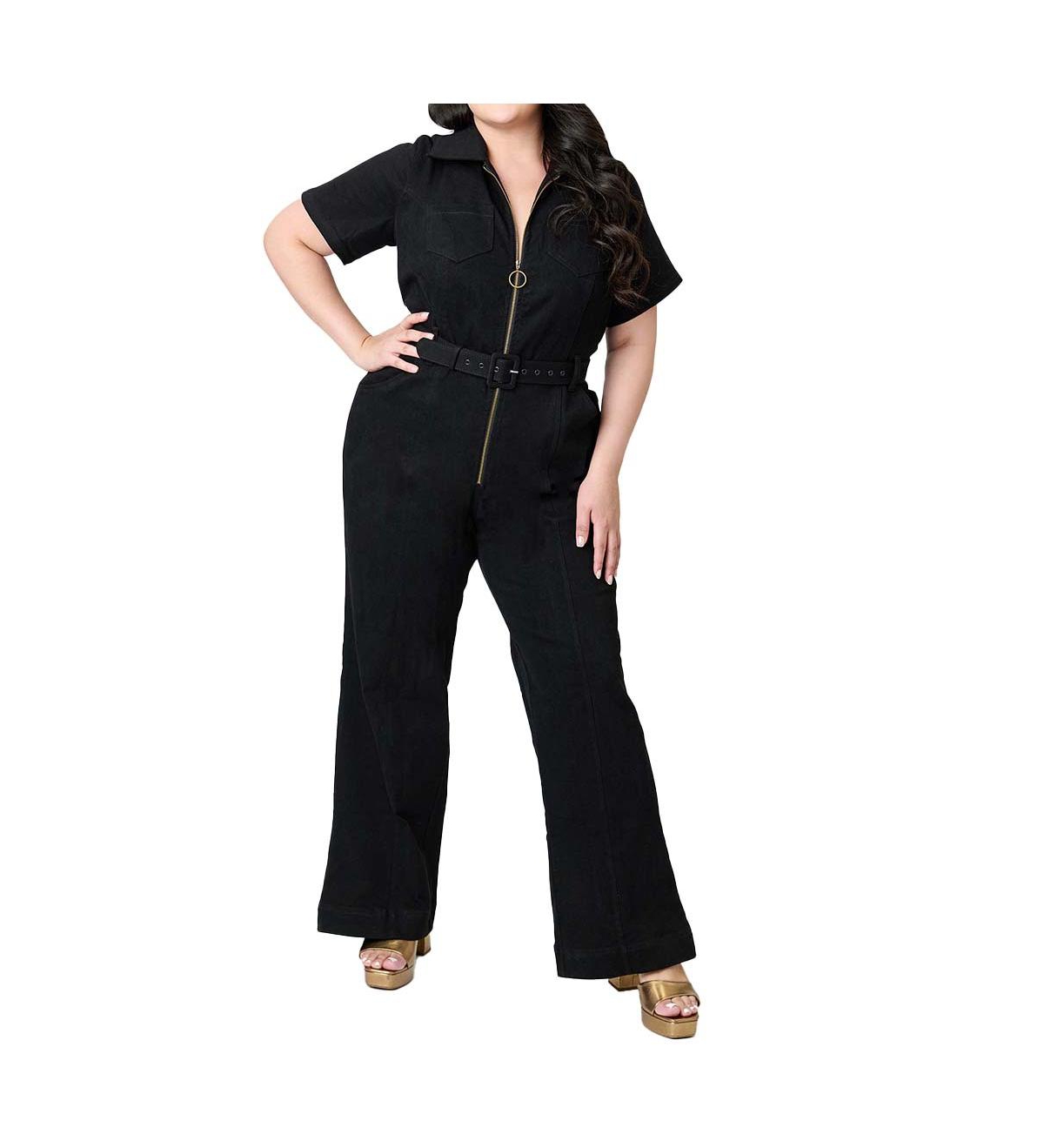Unique Vintage Plus Size Denim Belted Jumpsuit