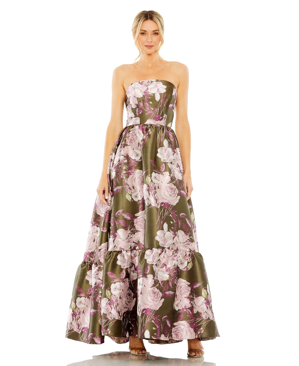 Mac Duggal Women's Strapless Bottom Ruffle Floral Gown