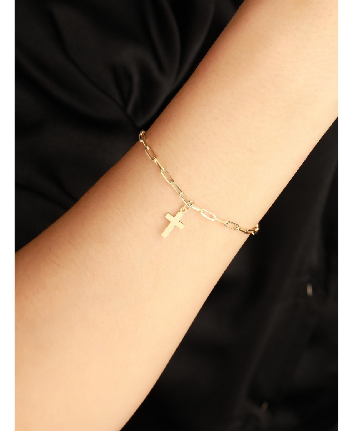 Devata Cross Charm with Paperclip Chain Bracelet in 14K Gold, 7.5 in, approx. 2.8 grams.