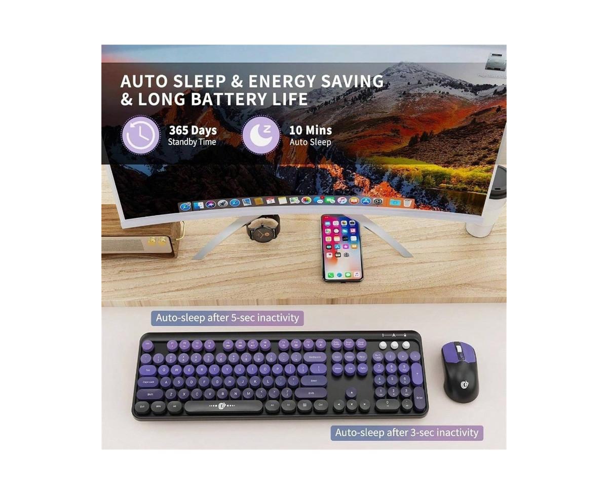 Risokeys + 2.4GHz Wireless, Quiet, Slim, Round Keys, Cute Design, Black Purple + Keyboard & Mouse Combo