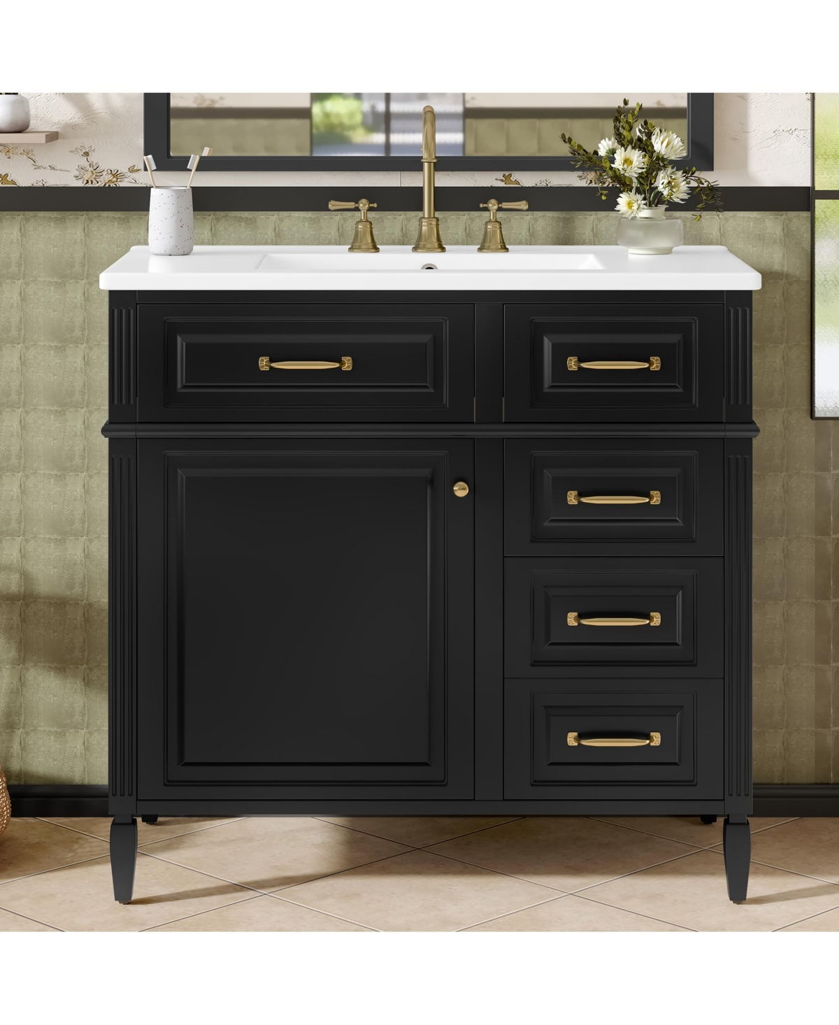 Casainc Bathroom Vanity with Ceramic Sink Solid Wood Frame and Flip Drawer