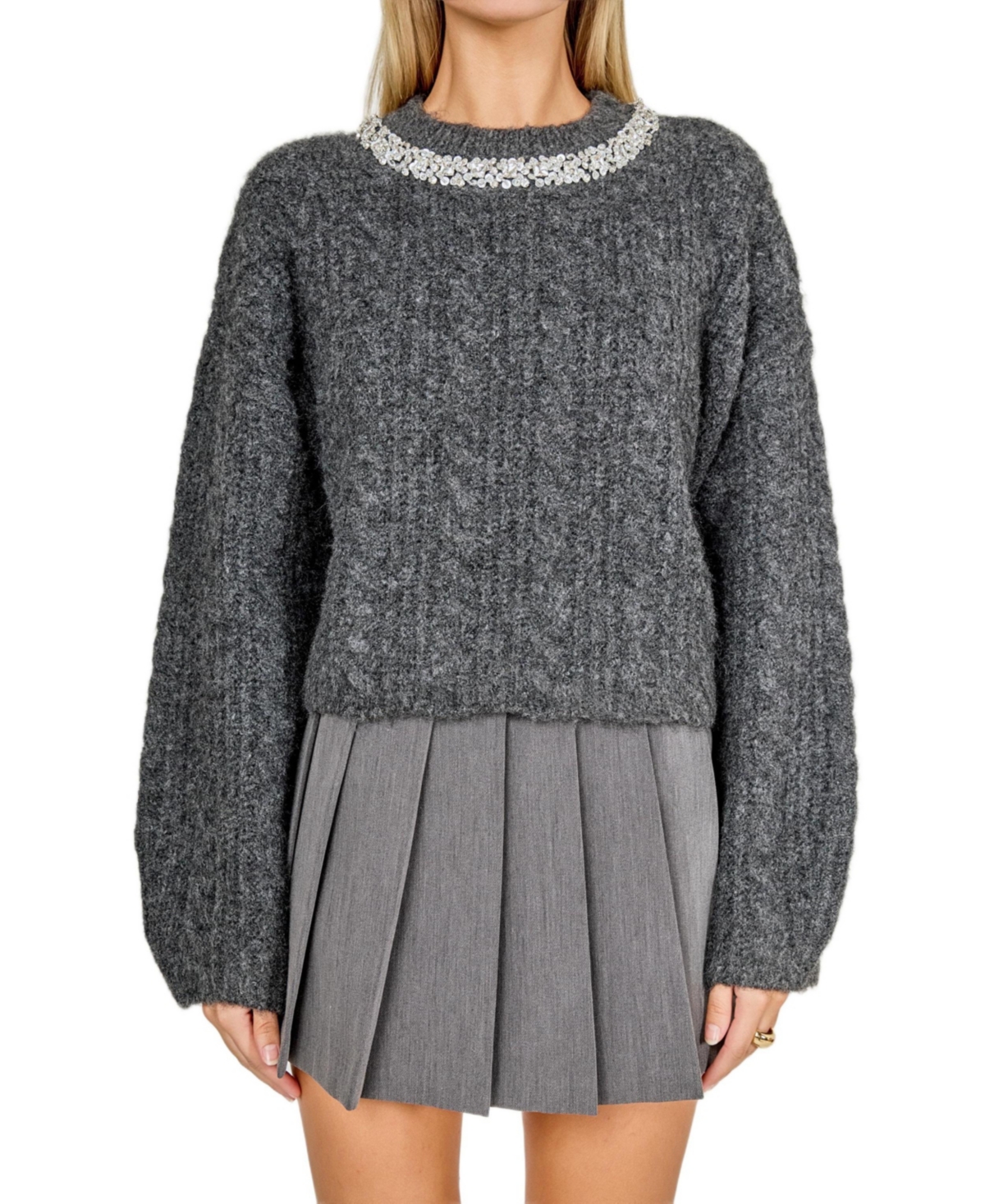 endless rose Women's Jewel Embroidered Fuzzy Cable Knit Chunky Sweater