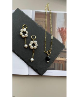 Gold Paperclip Chain Necklace with Black Heart and Freshwater Pearl Pendant