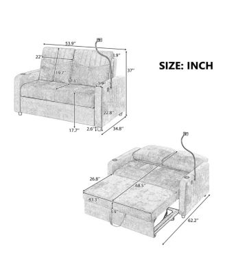 53.9" Chenille Pull-Out Sleeper Sofa with Adjustable Backrest, USB Ports, Cup Holders & Side Storage