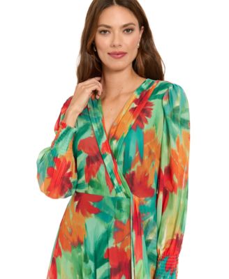 Women's Shirred Surplice Bishop-Sleeve Maxi Dress