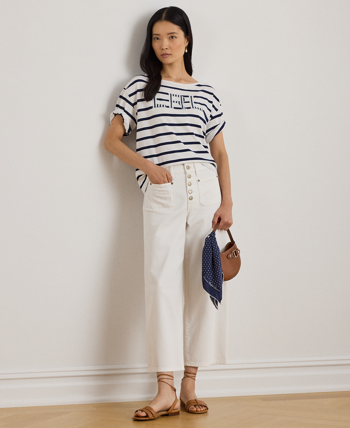 Lauren Ralph Petite Striped Beaded-Logo T-Shirt
