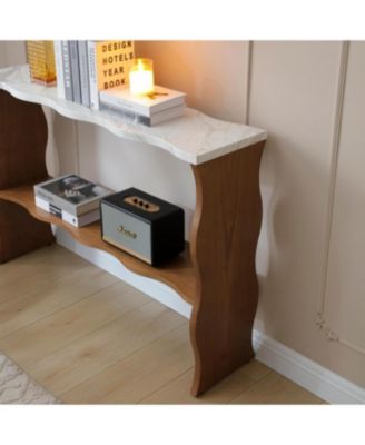  Whisper of Waves Modern Console Table w/ White Marble-Pattern Top, Walnut Brown