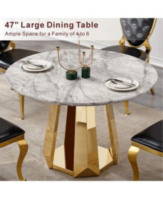 47" Round Marble Dining Table with Stainless Steel Base (Gold/Gray)