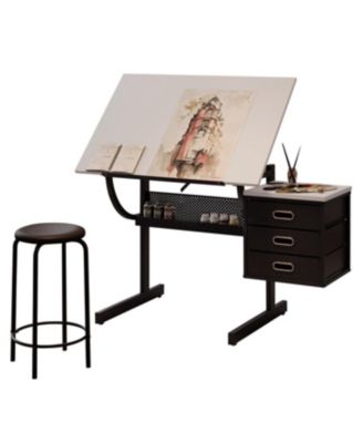 Streamdale White Adjustable Drafting Drawing Table with Stool & 3 Drawers