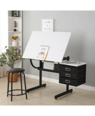 Streamdale White Adjustable Drafting Drawing Table with Stool & 3 Drawers