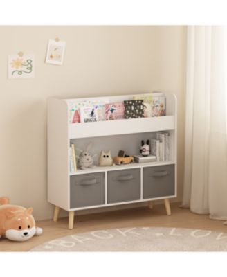 Streamdale Kids Bookshelf with 3 Fabric Bins - White & Gray