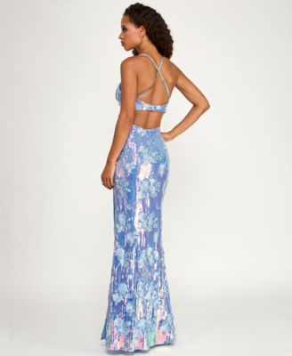 Juniors' Low Back Long Sequin Gown