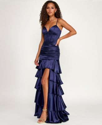 Juniors' V-Neck Tiered Skirt Gown