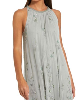 Women's High Neck Floral Embellished Mesh Trapeze Gown