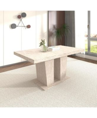 Rectangular extendable dining table (6-10 people, 160-200cm) with veined travertine.