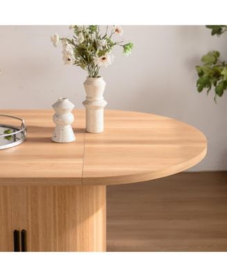  59 Inch Oval Dining Table for 4-6 with 2-Layer Storage Shelf and Wood Slide Door