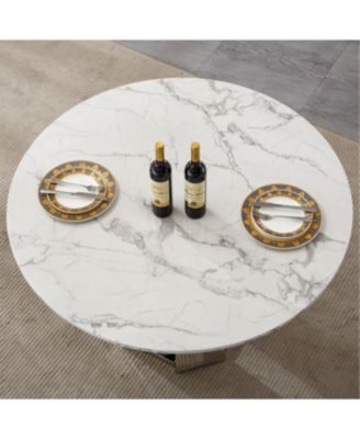  47" Round Marble Dining Table with Stainless Steel Base (Silver, White