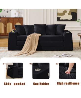 Corduroy Convertible Sofa Bed with 5 Pillows, Black