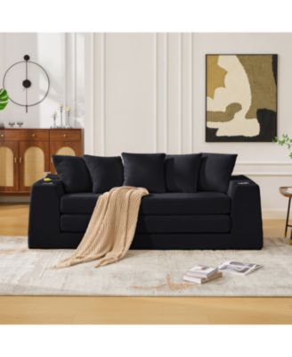 Corduroy Convertible Sofa Bed with 5 Pillows, Black