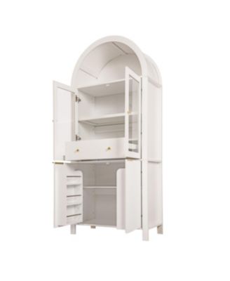 71" Fluted Tall Arched Pantry Cabinet with Hidden Drawer & Glass Door, White