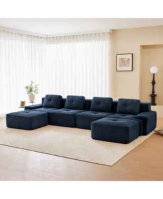 Modern U-Shaped Corduroy Sectional Sofa with Ottomans, Blue